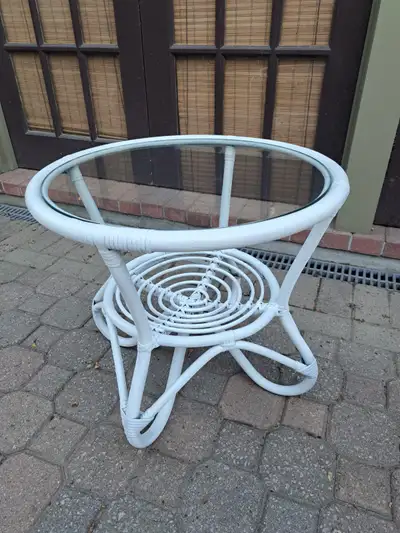 Rattan Vintage Side Table with Glass Top, View more