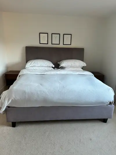 King Size Bedframe (Headboard, Footboard and Side Rails). Steel Grey velvet material on headboard, f...