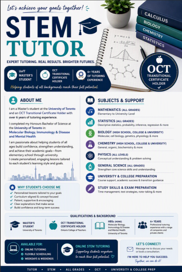 Experienced STEM Tutor | All Grades | OCT Certified Teacher Cand