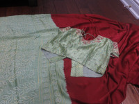 green and red sari with marble detail