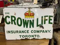 Single sided porcelain Crown Life insurance sign 