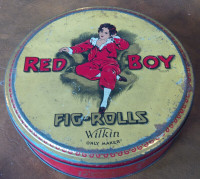 Vintage Round Tin: Red Boy Fig-Rolls, Wilkin, 10" Diameter