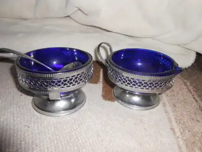 Cobalt blue glass creamer and jam pot with stainless silver hold, View more