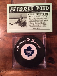 Johnny Bower Signed Maple Leafs Puck  w/ COA