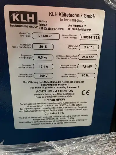 KLH Technotrans Chiller L14.HL27 – Unused – 7.9kW – R407C – 460V, View more