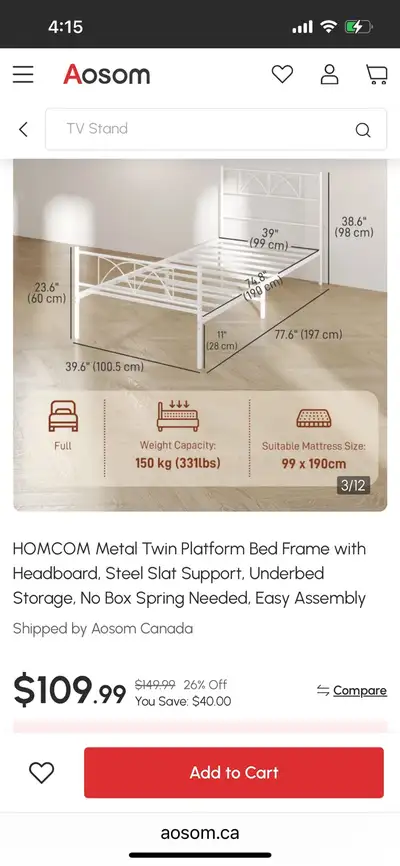 HOMCOM steel slat Metal Twin Platform Bed Frame with Headboard, View more