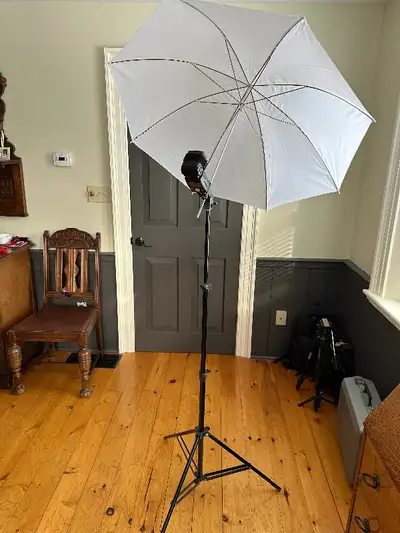 Two photo umbrellas, one metallic the other white. The metallic one is reversible for either gold or...