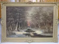 Antique winter landscape oil painting.
