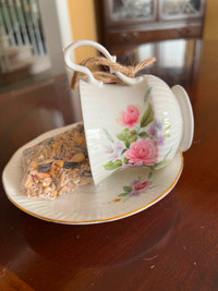 Vintage teacup bird feeder $10