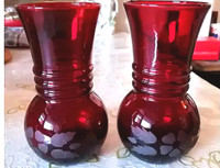 A PAIR RUBY RED GLASS VASES W/ ETCHED FLOWER PATTERNS