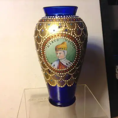 Antiques MURANO VENETIAN HAND PAINTED Cobalt Blue GLASS VASE WITH CAMEO 4.5 " in height For sale in...