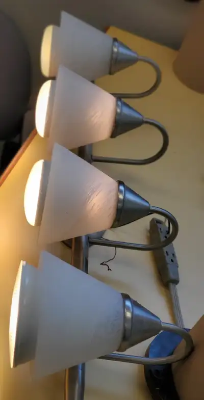 Four light vanity light fixture. Two of the shades have a small chip in them.