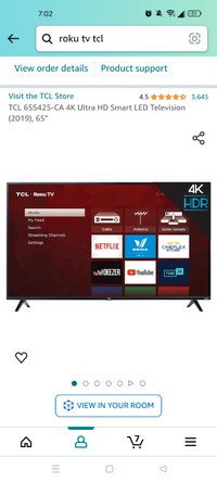65' TCL Roku TV with two remotes + stand