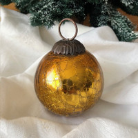 Heavy Kugel Crackle Glass Christmas Tree Ornament Vintage Amber