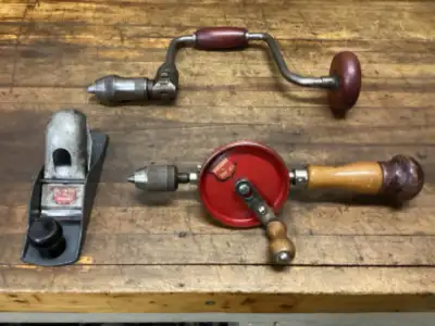 VINTAGE STANLEY DEFIANCE BLOCK PLANE / HAND DRILL / 10” BRACE, View more