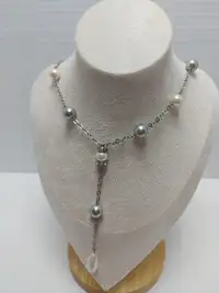 Vintage Silver Tone Faux Pearl Rhinestone Chocker Drop Necklace