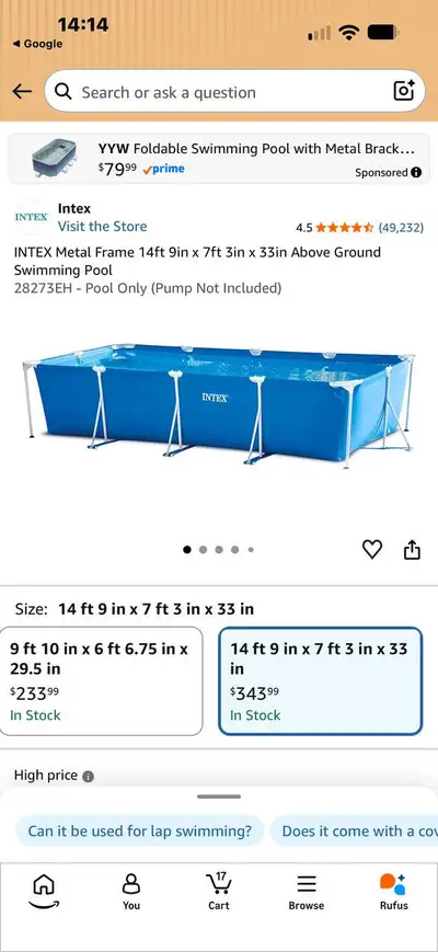 H1015 Intex Metal Frame AboveGround Swimming Pool 14’9” x 7’3” x, View more