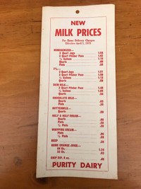 VINTAGE 1975 PURITY DAIRY MILK CARDBOARD PRICE LIST