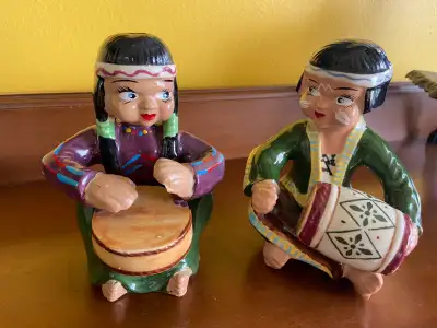 Vintage Native American Boy and Girl Playing Drums Figurines, View more