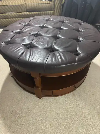 Wood and leather round coffee table, View more