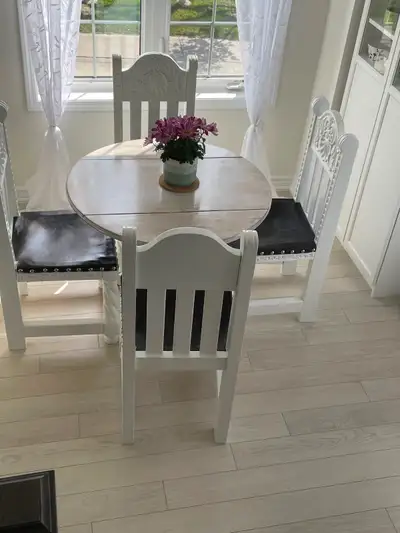Professionally restored white antique table with 4 chairs., View more