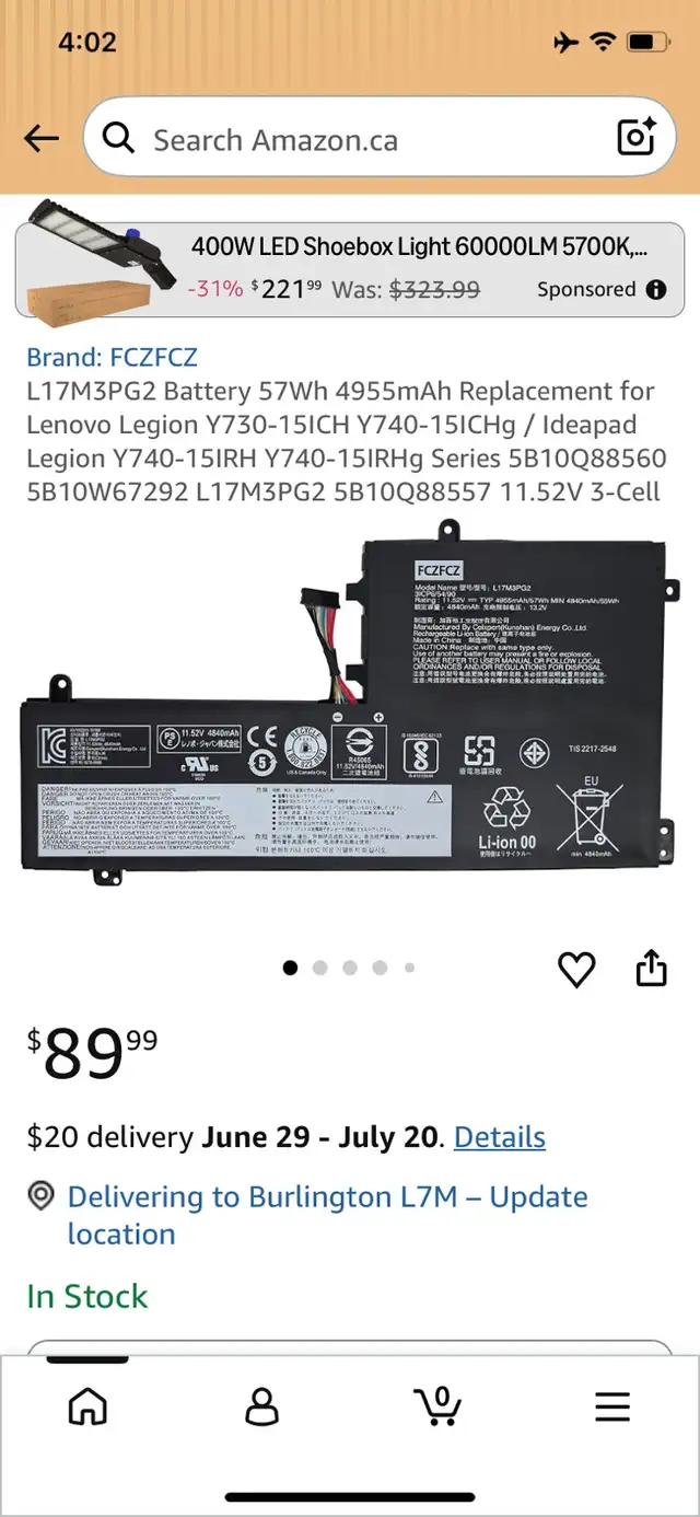 FCZFCZ L17M3PG2 Laptop Battery in Laptop Accessories in Oakville / Halton Region - Image 2