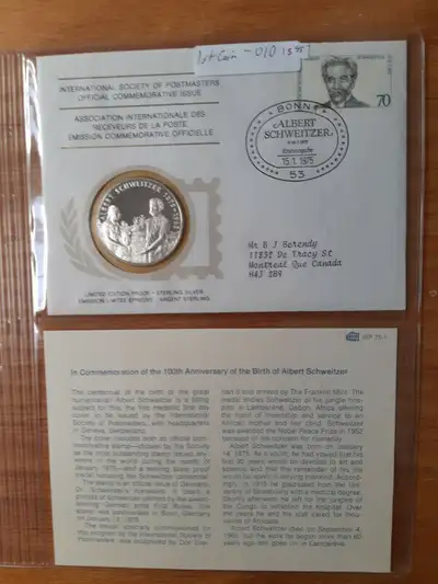 635 1stcoin-010 - birth albert schweitzer 1975 Franklin Mint International Society of Postmasters 92...