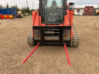Double bale spears, 49” tines. Move round bales with your skid steer or tractor. Safety frame includ...