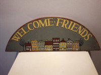 “Welcome Friends” Hand Painted Wood Half Circle Wall Sign