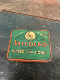 Antique fishing hook tin. Allcocks.