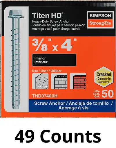 Simpson Strong-Tie Titen HD 3/8" x 4" Anchors – 49 Pcs, View more
