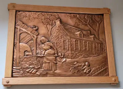 Vintage Colonial Pioneer Woman Baking Bread Copper Wood  Frame, View more