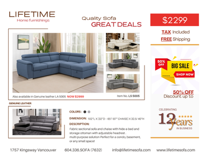 Fabric sectional sofa and chaise with hide-a-bed and storage, View more