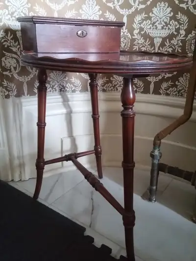 Vintage walnut table with lift top storage, View more