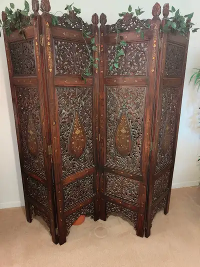 Antique Indian Carved Wood 4-Panel Room Divider / Screen, View more