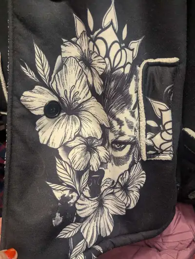 A new hooded black/white coat with hibiscus flowers, View more