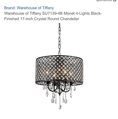 BEAUTIFUL NEW 17” BLACK CHANDELIER WITH CRYSTALS, View more