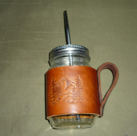 Mason Jar CAMPING Leather Jacketed Mug Cup with stainless straw