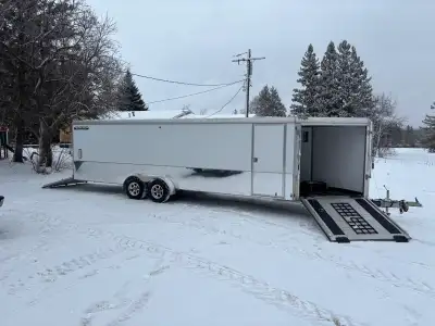 7 feet wide 24 feet long plus 5 foot V total 29 feet 6 feet tall 2x3500lbs axles All aluminum Ski tr...