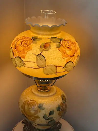 Vintage 1960s Hand painted a Fenton glass Shaped Hurricane Lamp, View more