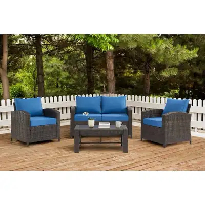 4-Piece Wicker Patio Conversation Set with Blue Cushions, View more