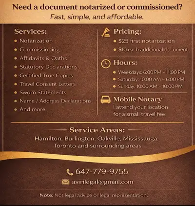 Notary Public & Commissioner -  we attend your location, View more