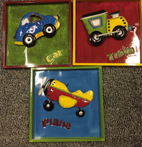 3 Very Colourful Tin Pictures - Kids Room ( Plane, Train, Car )