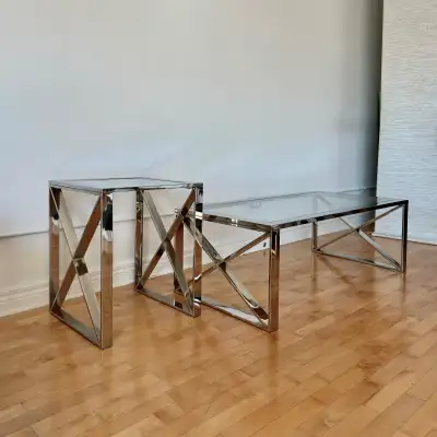 Bouclair Chrome and Glass Coffee Table and Side Table Set, View more