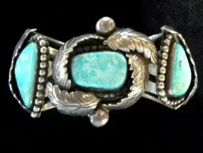 Picture 1 SOLD- Old Pawn Turquoise & Sterling Signed Hand Crafted Navajo Bracelet 2" X 5" J8.166.NAB...