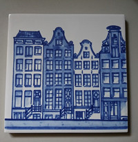 Delft Blue Porcelain Tile with a Row of Amsterdam Canal Houses