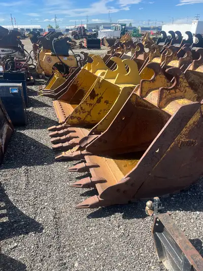 Assortment of Excavator buckets and attachments 120-160 series dig and cleanup buckets 200 series di...