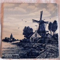 6" c. 1880s Delft Blauw windmill Dutch Holland Tile souvenir