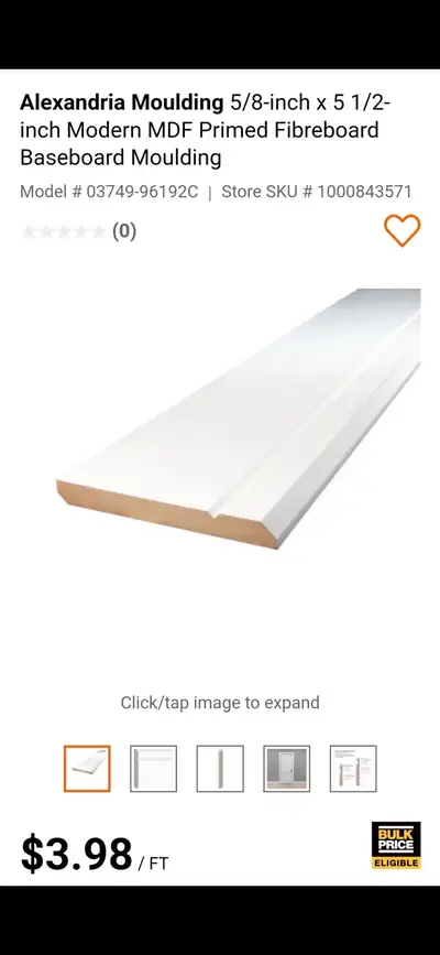 Alexandria Moulding 5/8-inch x 5 1/2-inch Modern MDF Primed Fibreboard Baseboard Moulding 15 boards...
