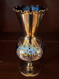 Handmade Czech Bohemian Cobalt Gold Enameled Glass Floral Vase